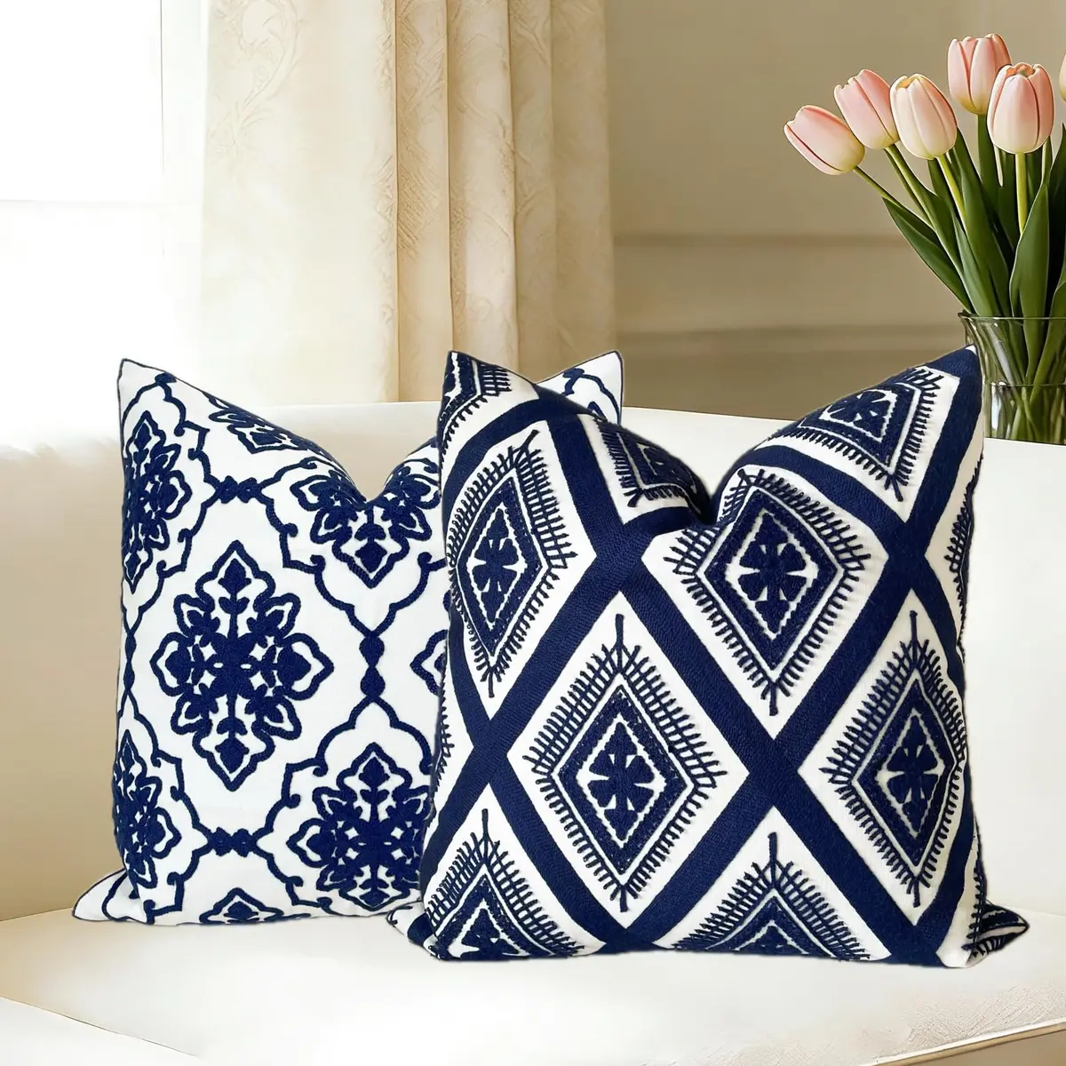 Slow Cow Embroidered Throw Pillow Cover 18 x 18 Inch Navy Blue | Intricate Embroidery for Home Decor - view 9