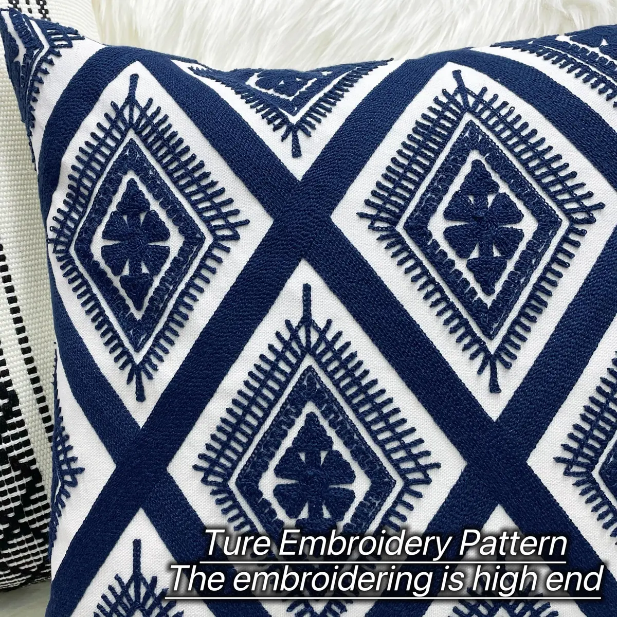 Slow Cow Embroidered Throw Pillow Cover 18 x 18 Inch Navy Blue | Intricate Embroidery for Home Decor - view 2