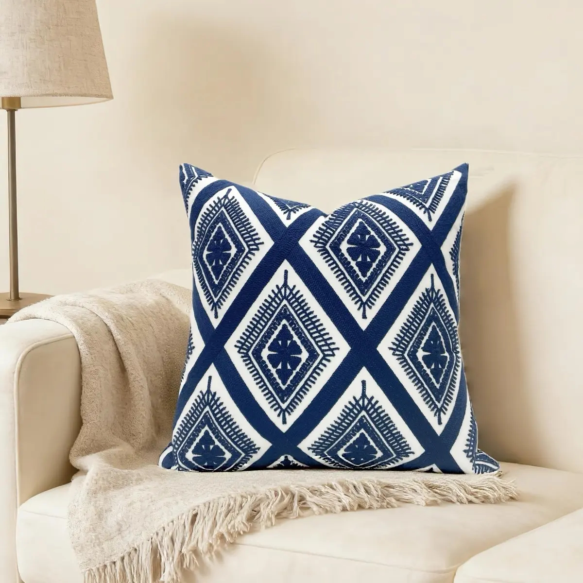 Slow Cow Embroidered Throw Pillow Cover 18 x 18 Inch Navy Blue | Intricate Embroidery for Home Decor - view 3