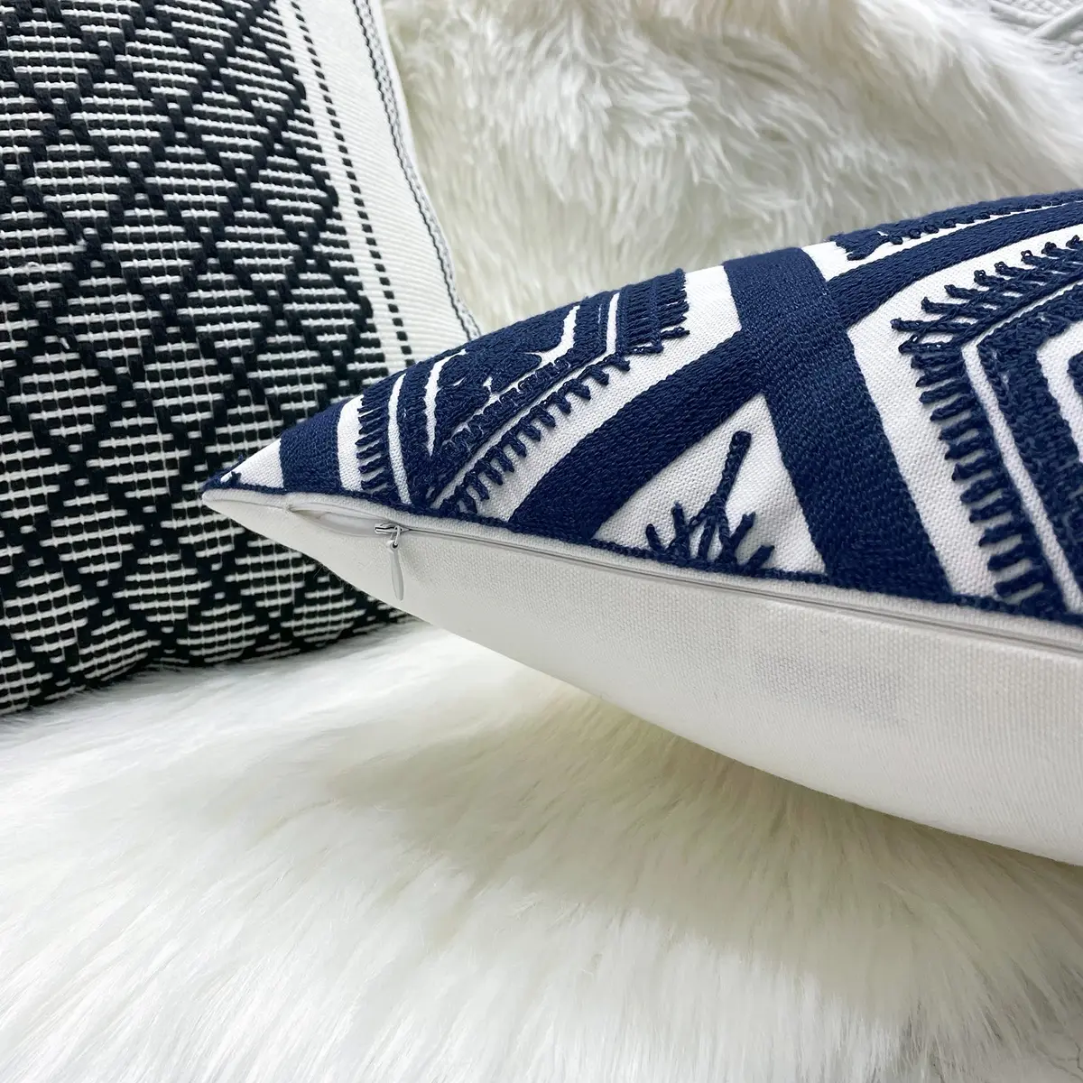 Slow Cow Embroidered Throw Pillow Cover 18 x 18 Inch Navy Blue | Intricate Embroidery for Home Decor - view 4