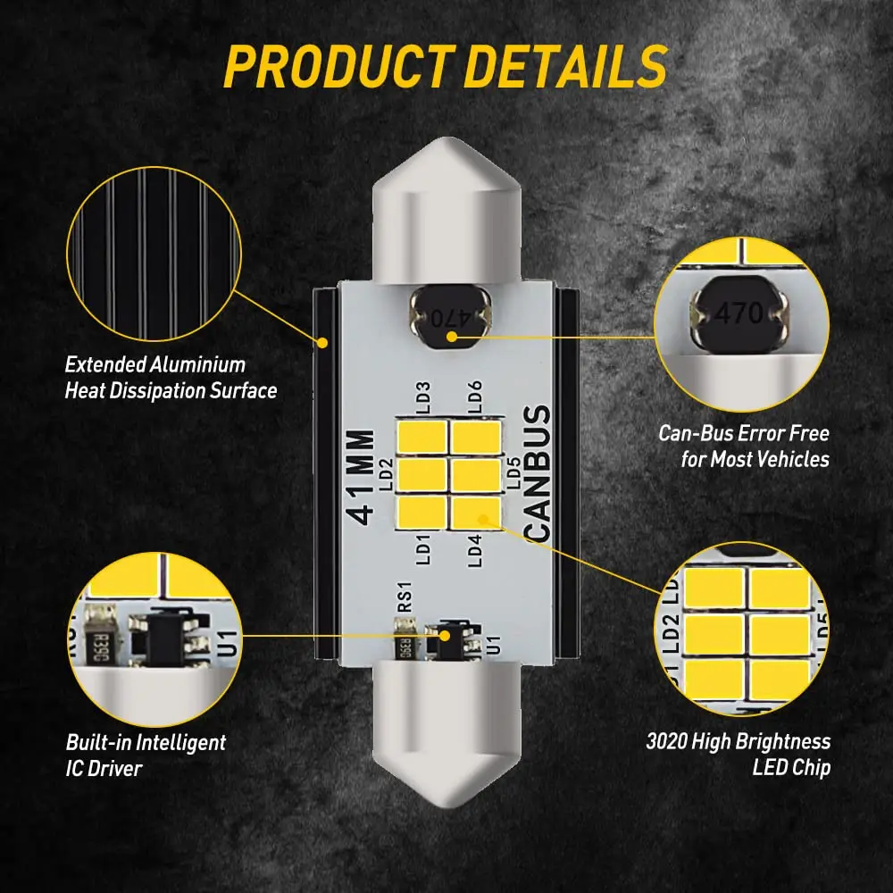 AUXITO 41mm Festoon LED Bulbs Xenon White (1.65 inch / 41mm) | CANbus Error Free Interior Car Lights - view 7