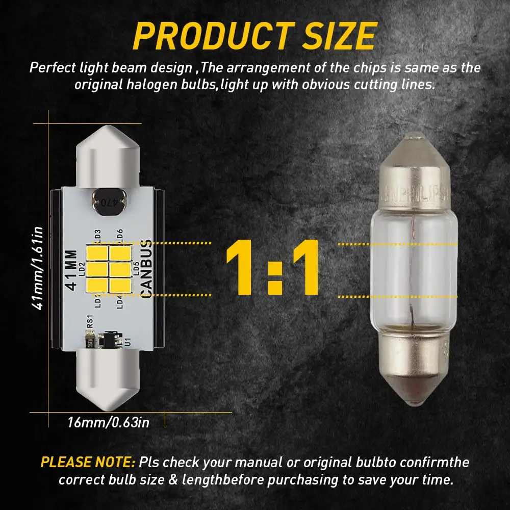 AUXITO 41mm Festoon LED Bulbs Xenon White (1.65 inch / 41mm) | CANbus Error Free Interior Car Lights - view 8
