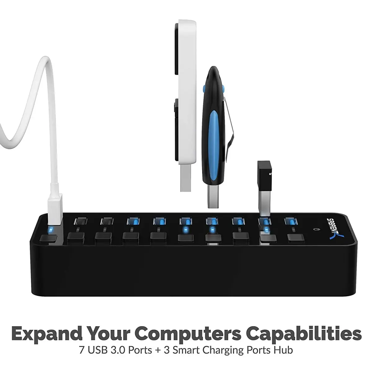 Sabrent 10-Port Powered USB 3.0 Hub with 3 Smart Charging Ports & 60W Adapter | Expands Connectivity for PC, Mac, Linux - view 7