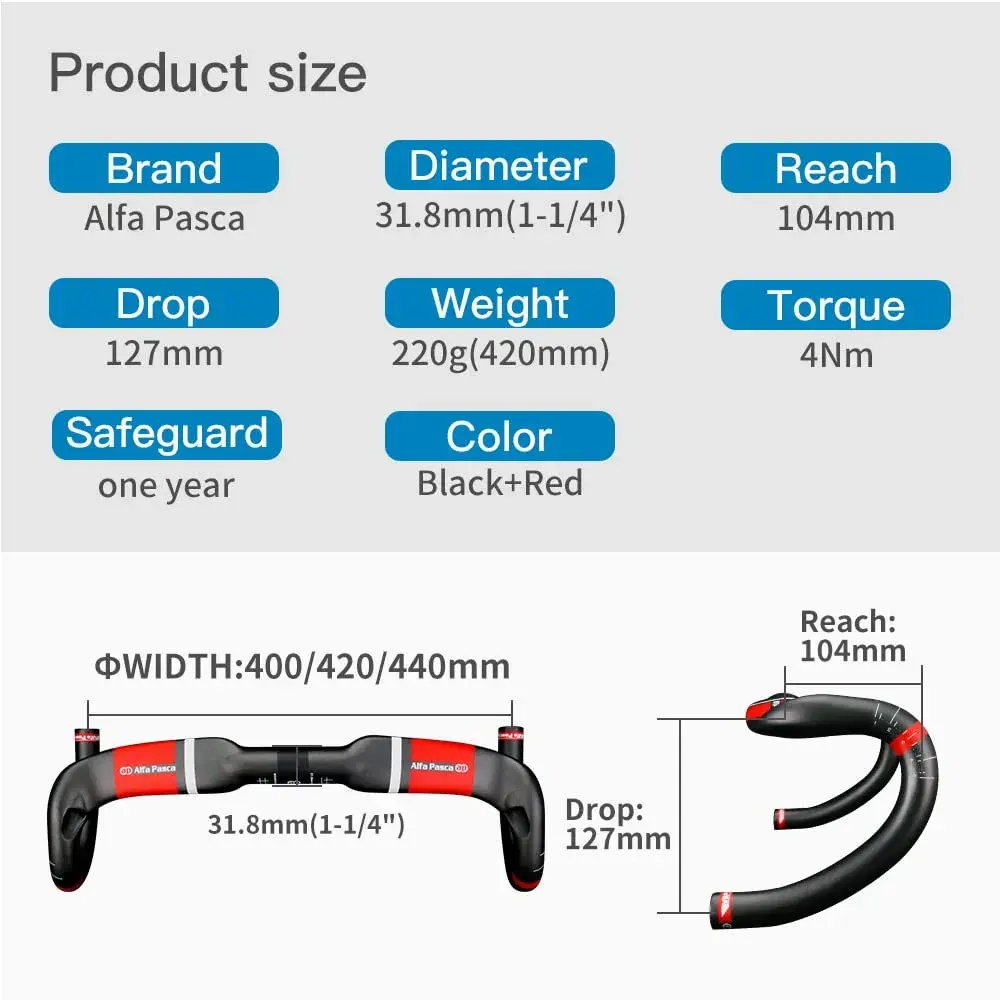 Alfa Pasca Red 3K Matte Carbon Fiber Road Bike Handlebars 31.8 x 400mm Aero Drop Bars - view 2