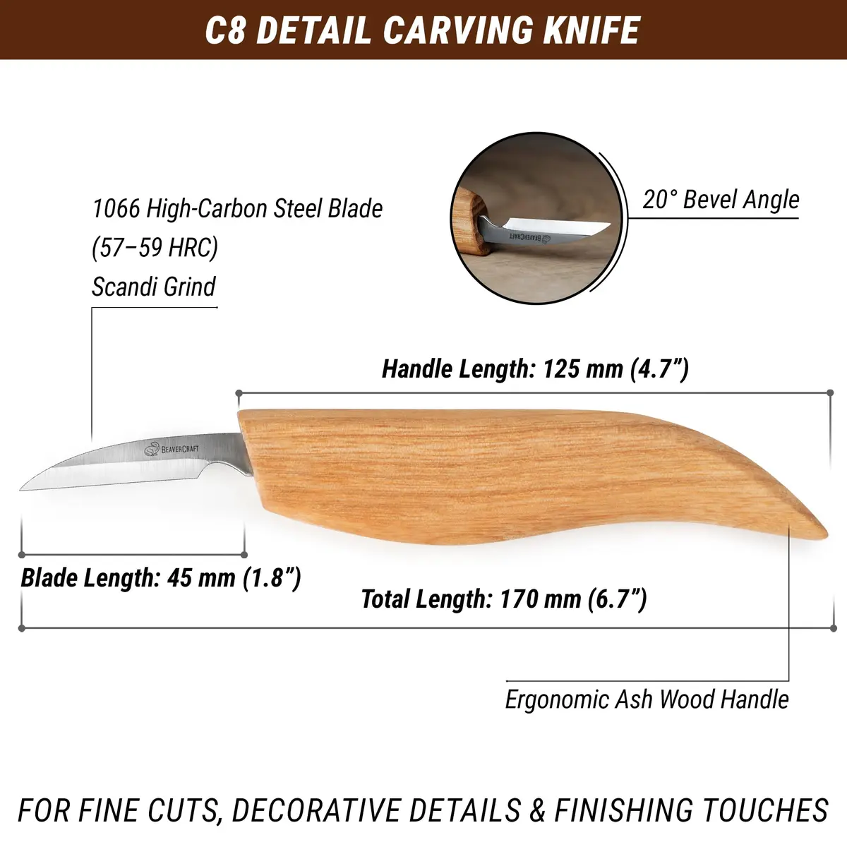 BeaverCraft Wood Chip Carving Knife C8 1.8" | Fine Detail Wood Carving Tool for Beginners & Kids - view 2