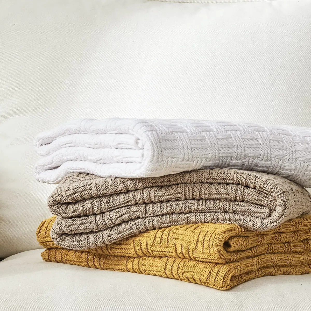 Longhui bedding Pure White Cotton Cable Knit Throw Blanket 50x60 Inch | Cozy, Durable & All-Season - view 6