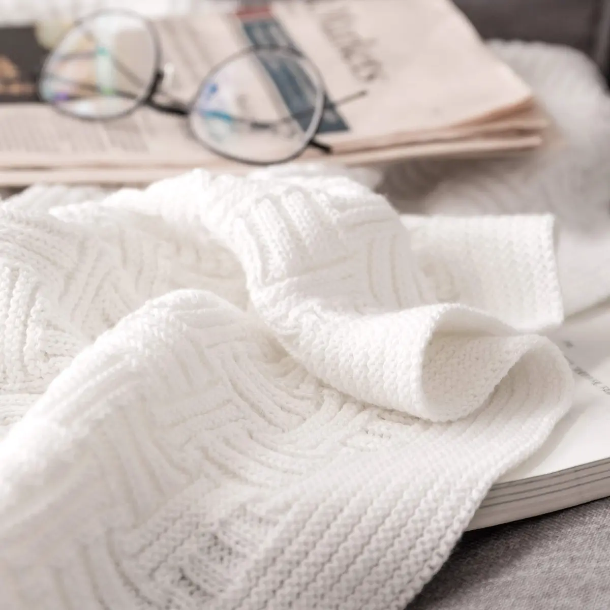 Longhui bedding Pure White Cotton Cable Knit Throw Blanket 50x60 Inch | Cozy, Durable & All-Season - view 7