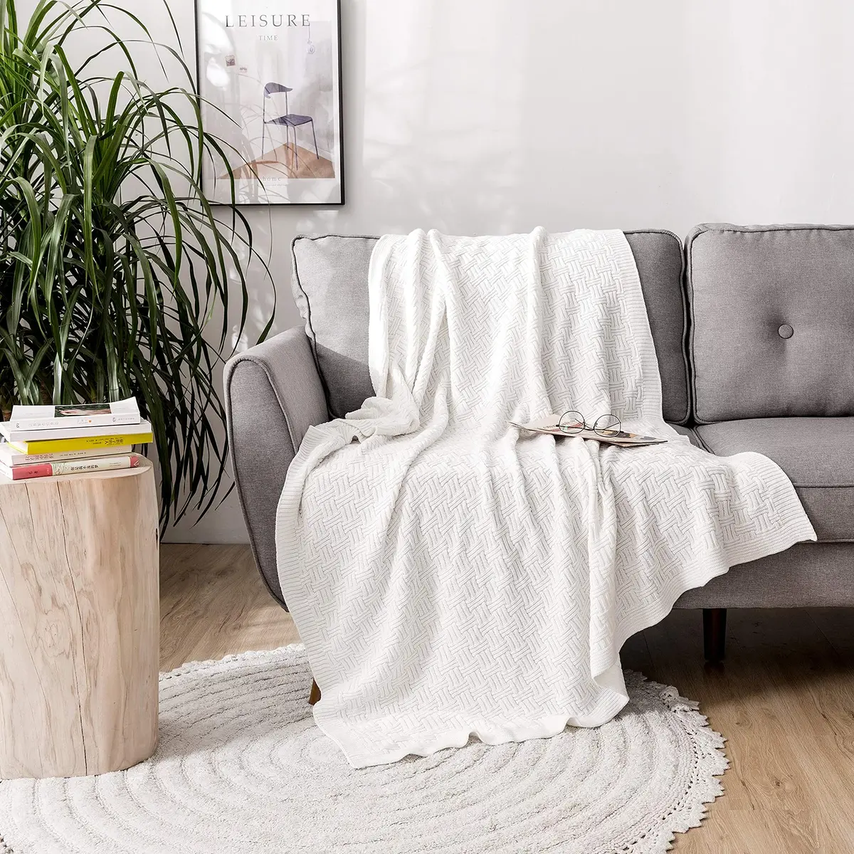 Longhui bedding Pure White Cotton Cable Knit Throw Blanket 50x60 Inch | Cozy, Durable & All-Season - view 8