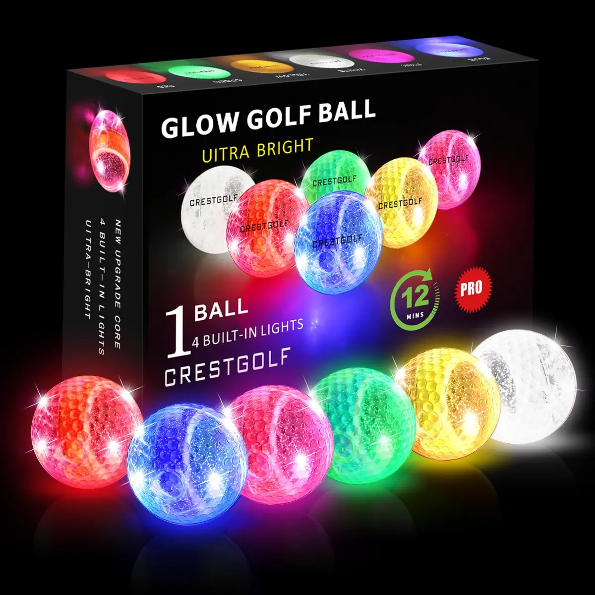 Crestgolf 6 Pack Glow in The Dark Golf Balls Light up Night LED Golf Balls with 12-Minute Reset Timer - main product image