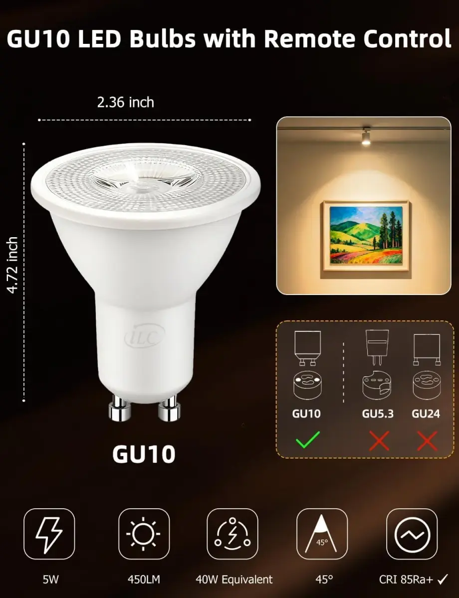 ILC GU10 LED Color Changing Light Bulb 5W (450 Lumens) with Remote Control, Pack of 4 | 12 Colors, 2700K Warm White - view 8