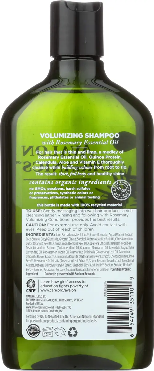 Avalon Organics Volumizing Rosemary Shampoo 11 oz | Organic, Vegan & Biodegradable - view 2