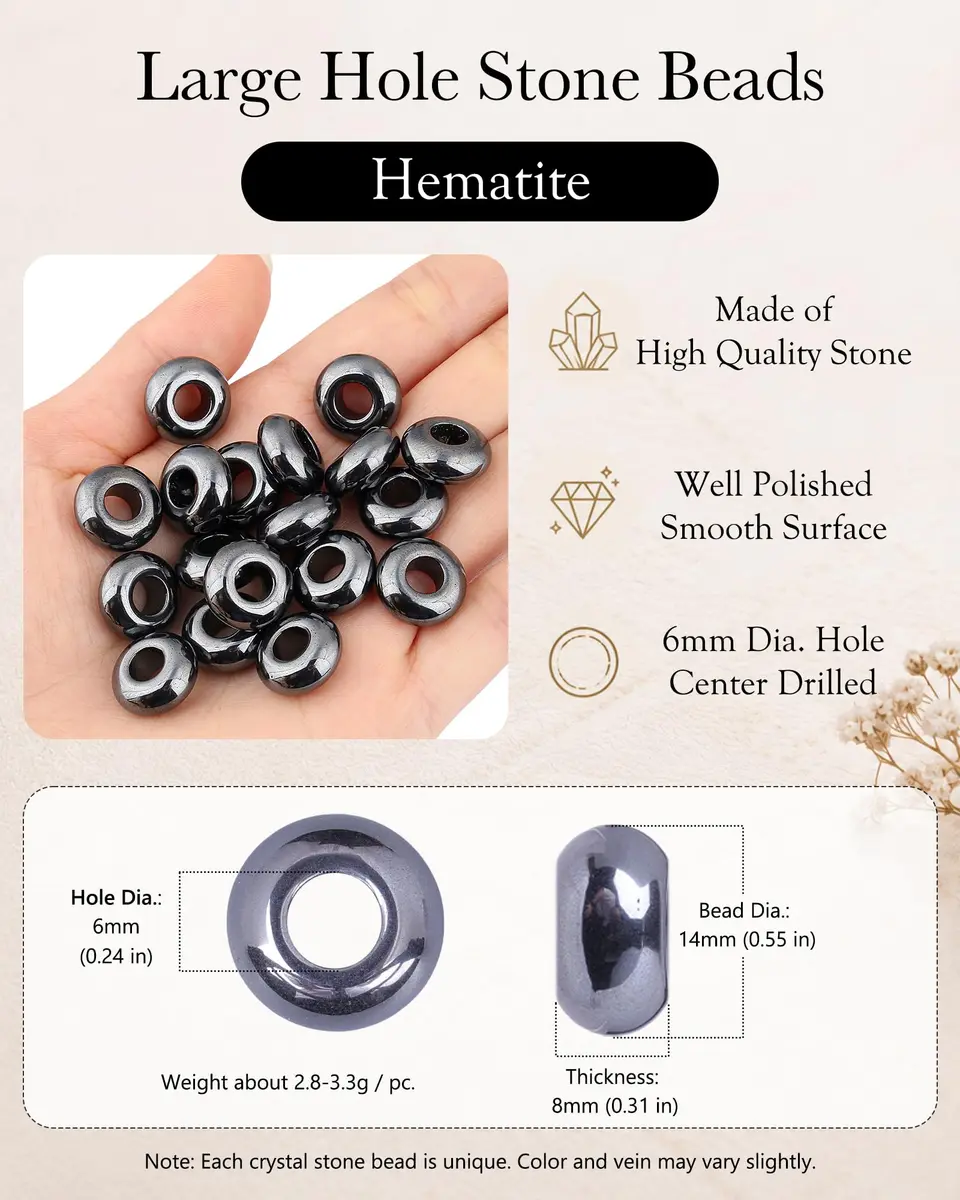 SUNYIK Hematite Large Hole (6mm) Rondelle Beads Pack of 20 | Jewelry Making & DIY Crafts - view 2