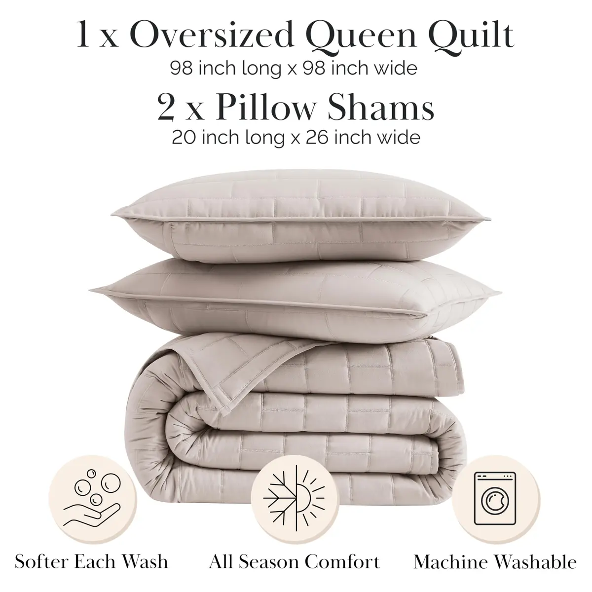 Southshore Fine Living Oversized Full / Queen Quilt Set with 2 Matching Quilted Pillow Shams, Bone | All-Season Microfiber Bedding - view 2