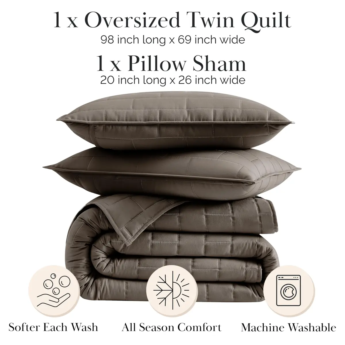Southshore Fine Living Oversized Twin Quilt Bedding Set | Microfiber, Taupe, 68x98 in - view 2