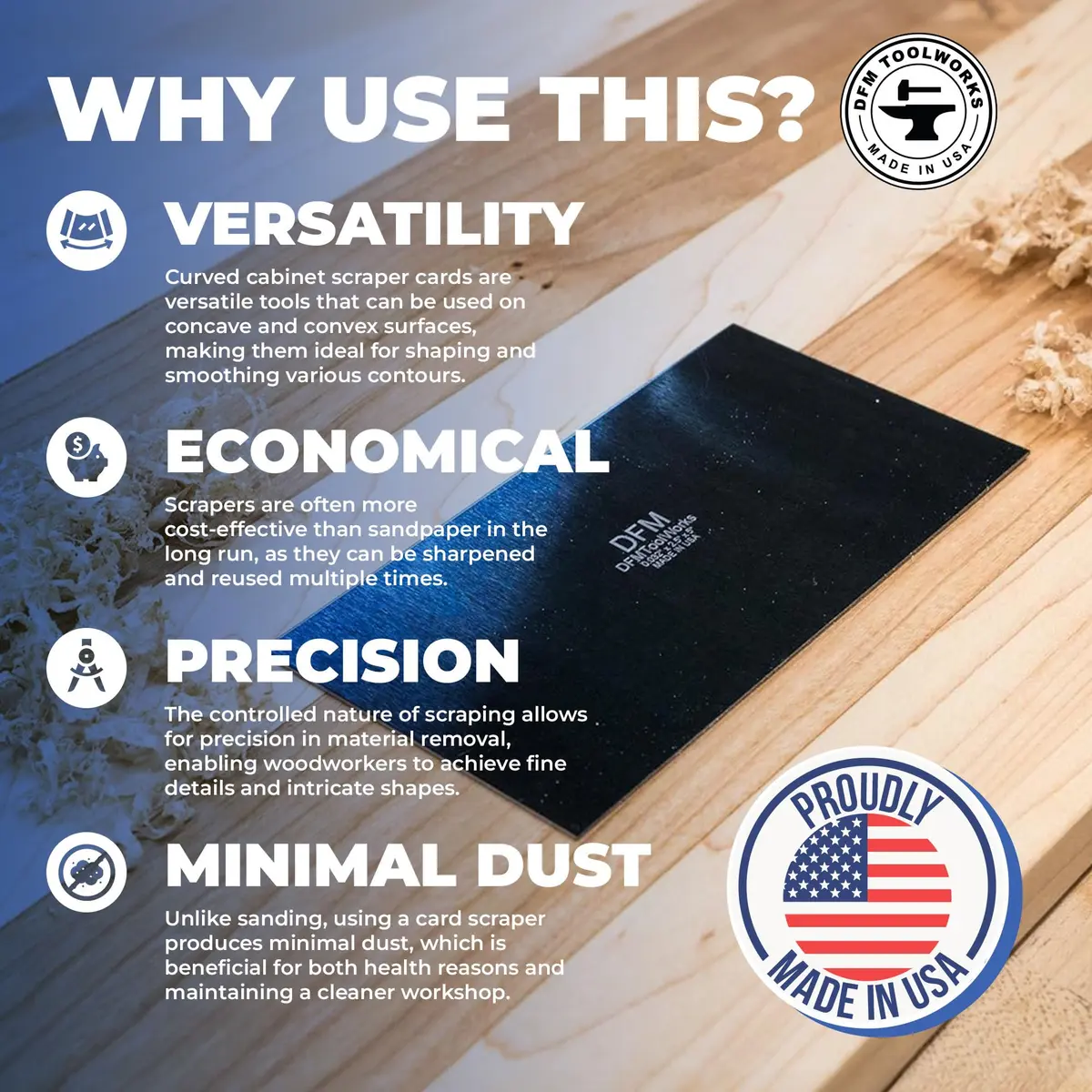 DFM Tool Works Rectangle Card Scraper 0.032" Blue | Precision Woodworking Tool for Hardwoods - view 6