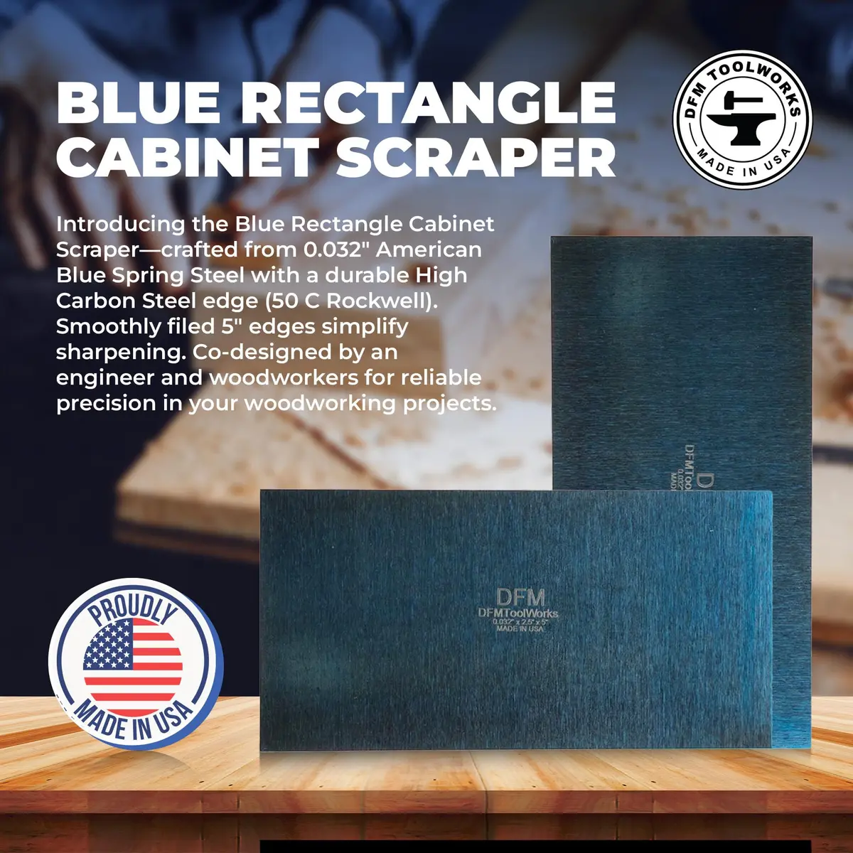 DFM Tool Works Rectangle Card Scraper 0.032" Blue | Precision Woodworking Tool for Hardwoods - view 2
