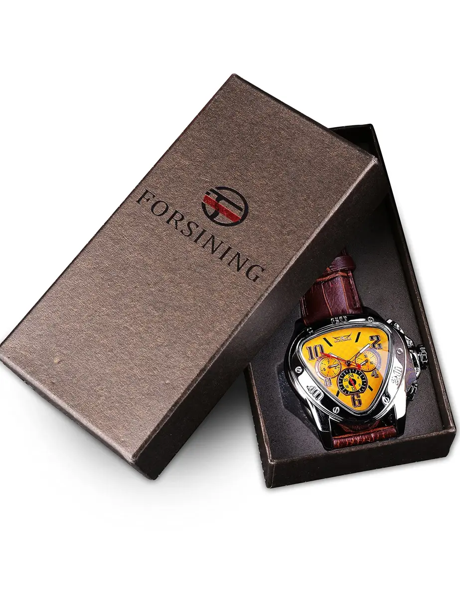 FORSINING Automatic Mechanical Wrist Watch for Men | 45mm Case, Leather Band, Yellow Dial - view 7