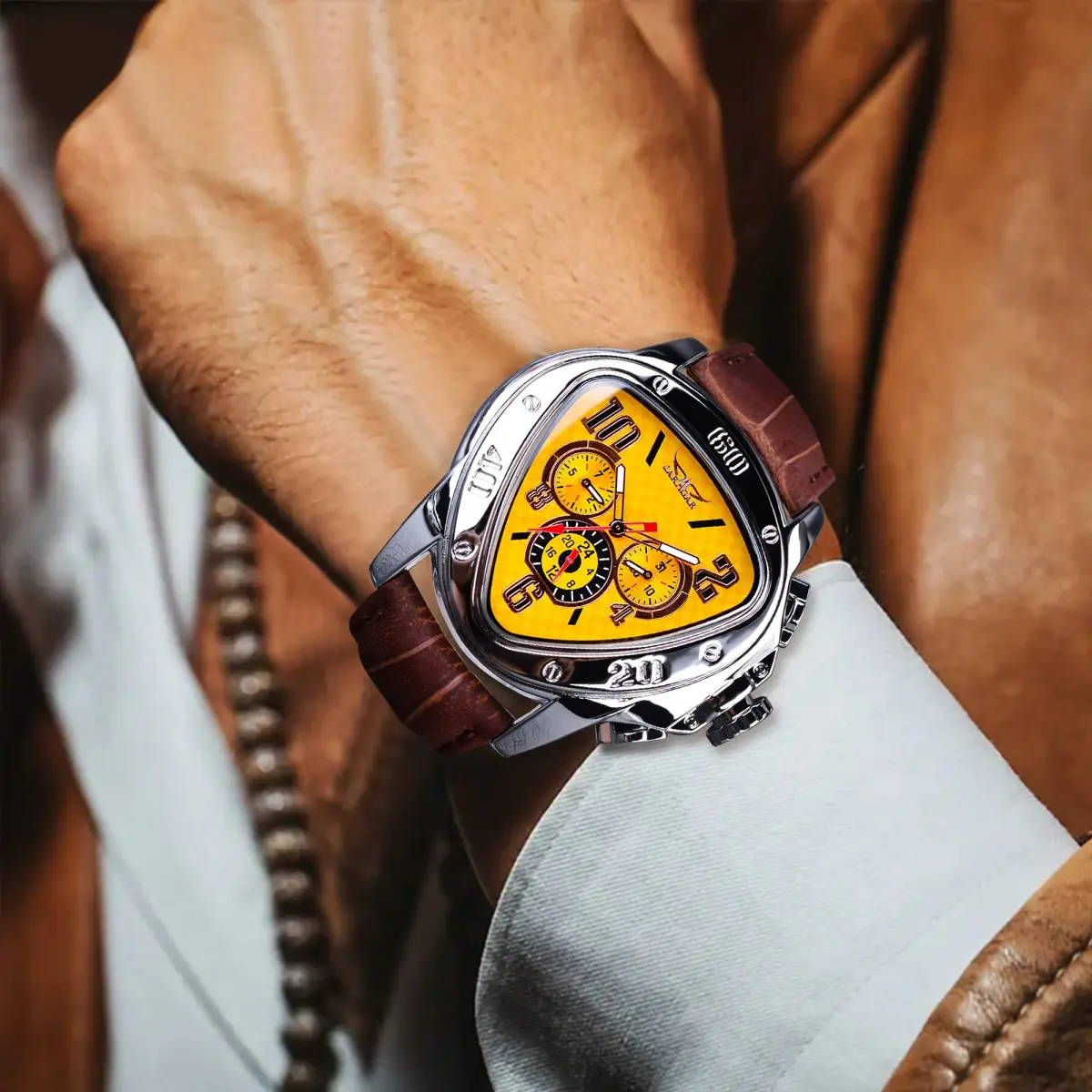 FORSINING Automatic Mechanical Wrist Watch for Men | 45mm Case, Leather Band, Yellow Dial - view 3