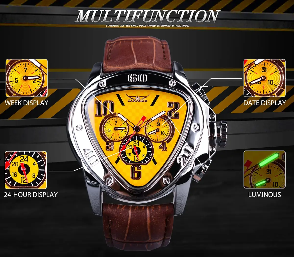 FORSINING Automatic Mechanical Wrist Watch for Men | 45mm Case, Leather Band, Yellow Dial - view 4