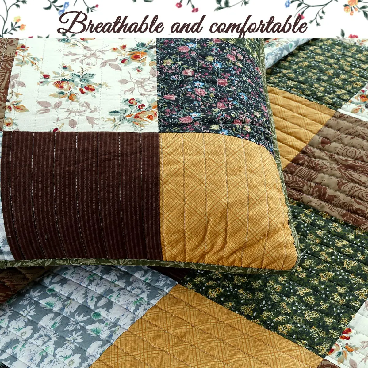 Cozy Line Home Fashions 3-Piece Cotton Patchwork Quilt Set | Reversible Country Farmhouse Bedding (Queen) - view 7