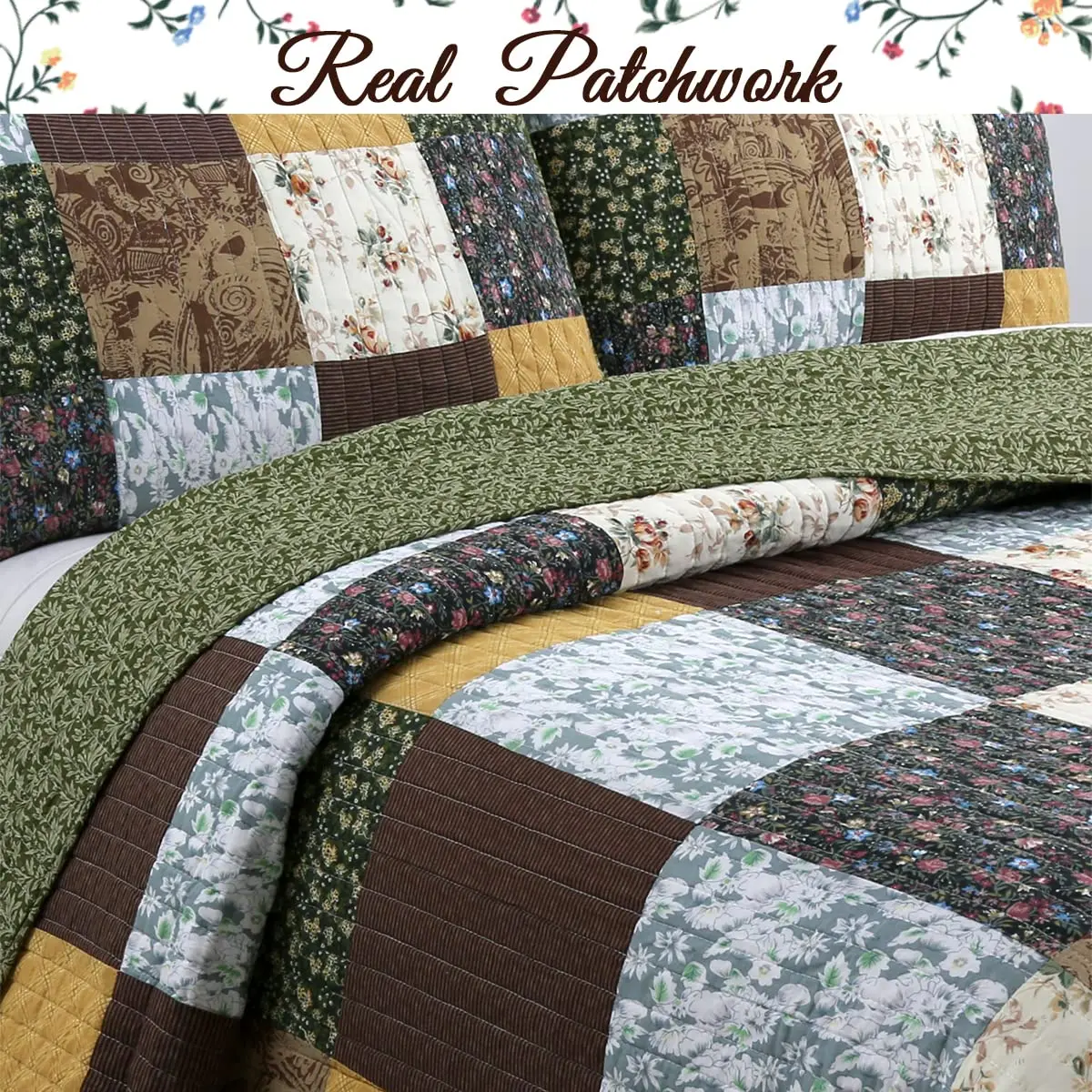 Cozy Line Home Fashions 3-Piece Cotton Patchwork Quilt Set | Reversible Country Farmhouse Bedding (Queen) - view 2