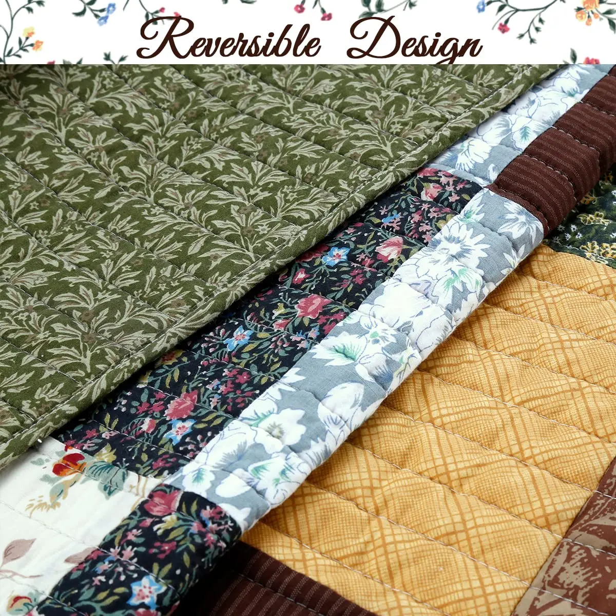 Cozy Line Home Fashions 3-Piece Cotton Patchwork Quilt Set | Reversible Country Farmhouse Bedding (Queen) - view 4