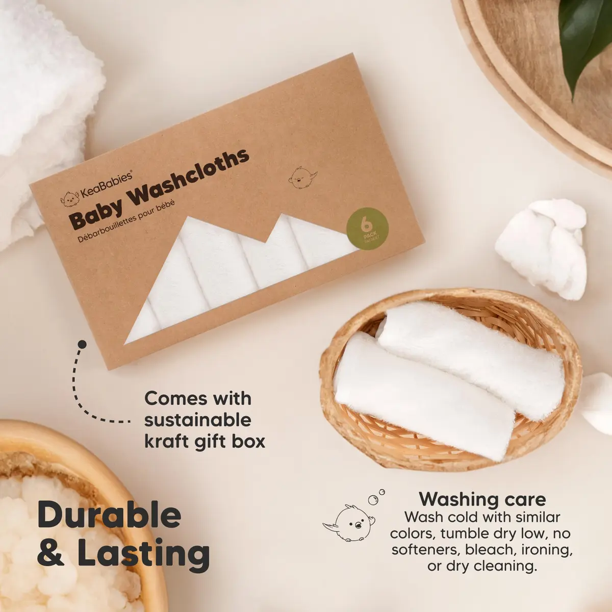 KeaBabies Baby Washcloths 10x10 Inch | Ultra-Soft Bamboo, Absorbent & Reusable for Newborn & Toddler - view 7