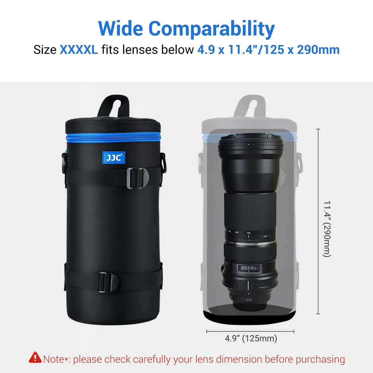 JJC Camera Lens Case Pouch, Padded Bag Fits Lens up to 14.4 x 31.6 cm (4.9 x 11.4 inches) | Water-Resistant Polyester with Foam Padding - view 3