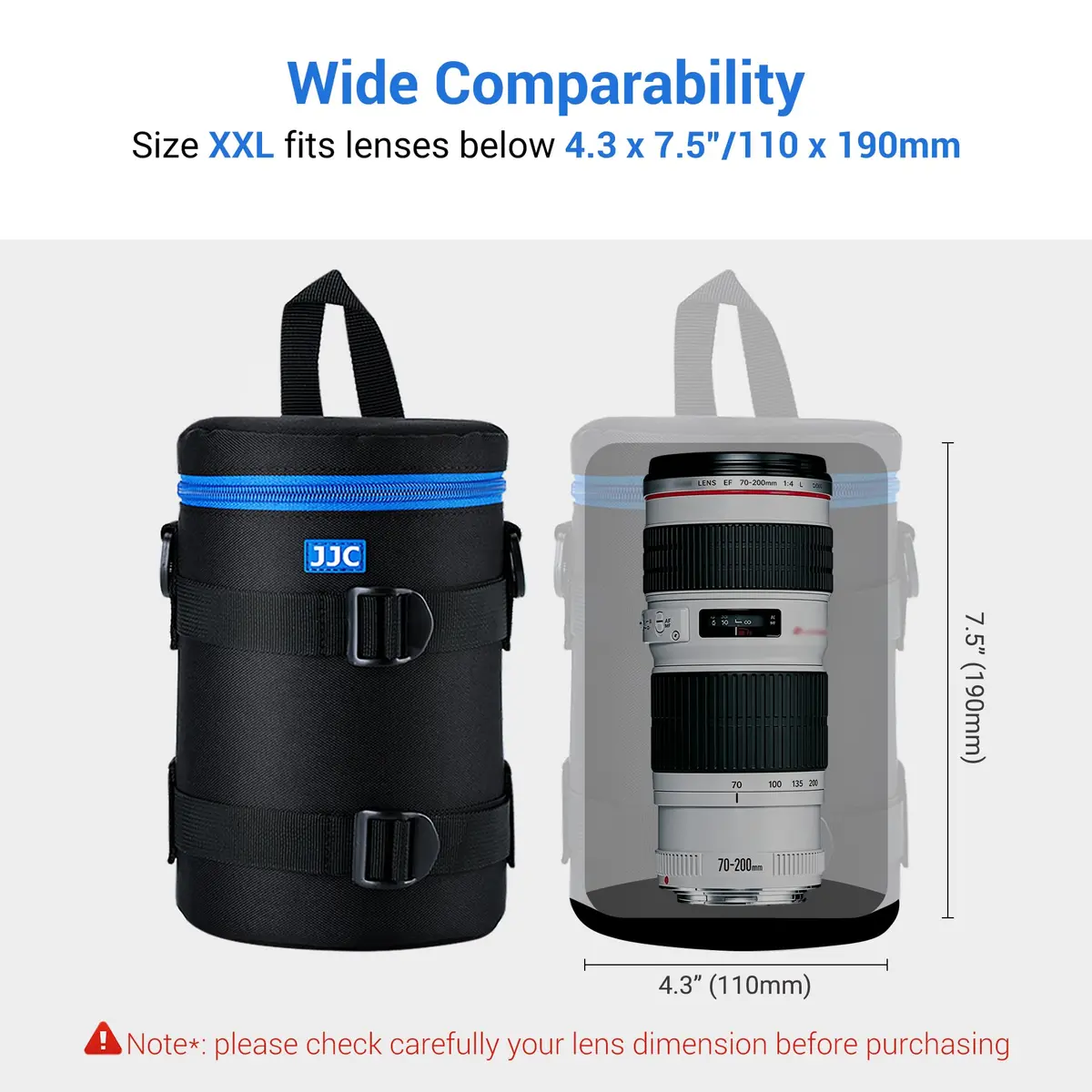 JJC Padded Camera Lens Case Pouch for Canon EF 70-200mm f4L, Nikon AF-S 70-200mm f4G, Sony 70-200mm f4G, 110mm x 190mm (4.3" x 7.5") - view 3