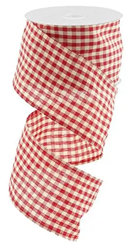 Craig Bachman Primitive Gingham Check Wired Edge Ribbon 2.5" | 10 Yards, Red & Beige - view 2