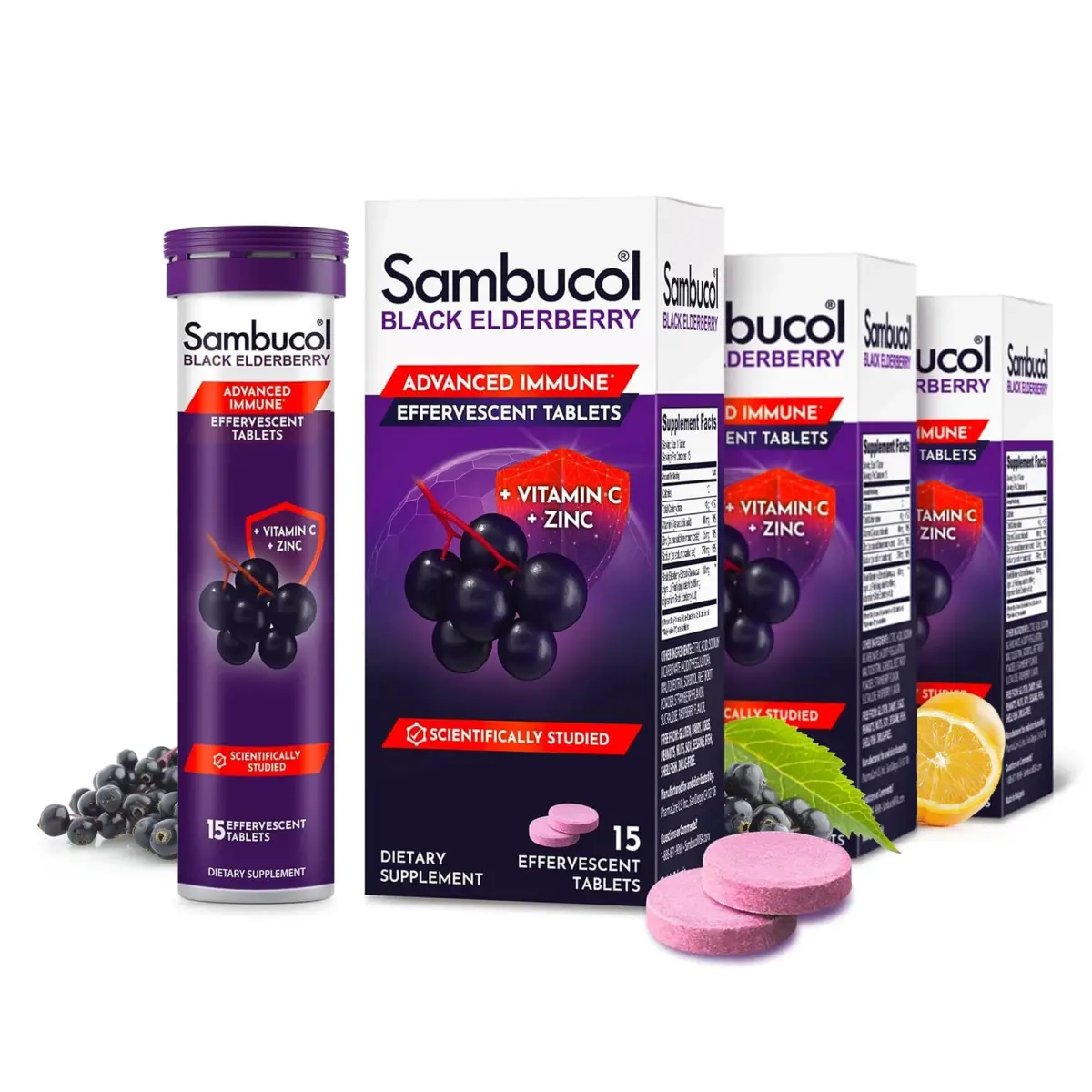 Sambucol Black Elderberry Effervescent Tablets 45 Count (15 Count x 3) | Daily Immune Support with Vitamin C & Zinc - main product image