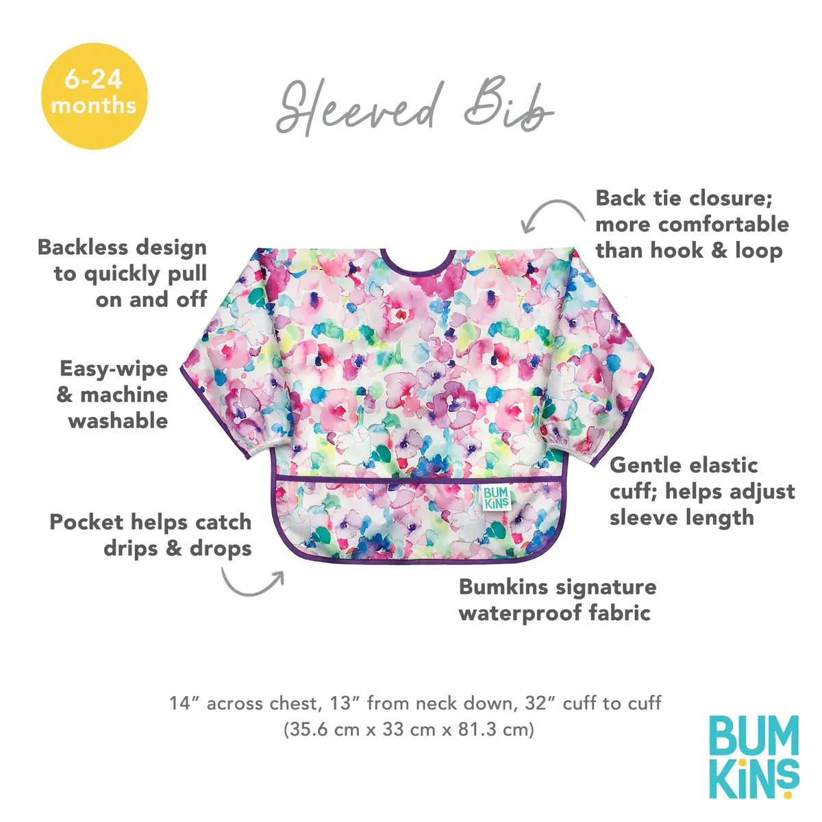 Bumkins Sleeved Bib for Baby & Toddler 6-24 Mos Watercolor Floral | Long Sleeve Mess Saver - view 5