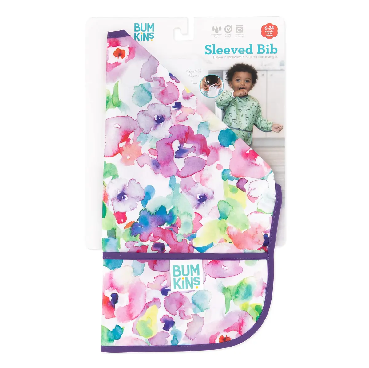 Bumkins Sleeved Bib for Baby & Toddler 6-24 Mos Watercolor Floral | Long Sleeve Mess Saver - view 6