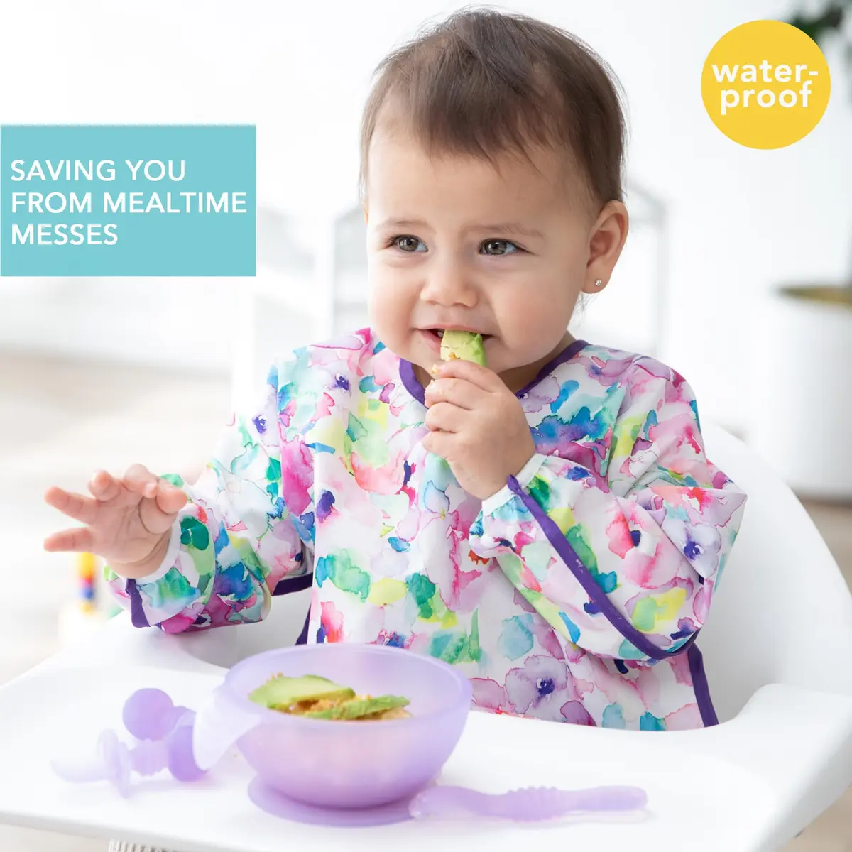 Bumkins Sleeved Bib for Baby & Toddler 6-24 Mos Watercolor Floral | Long Sleeve Mess Saver - view 2