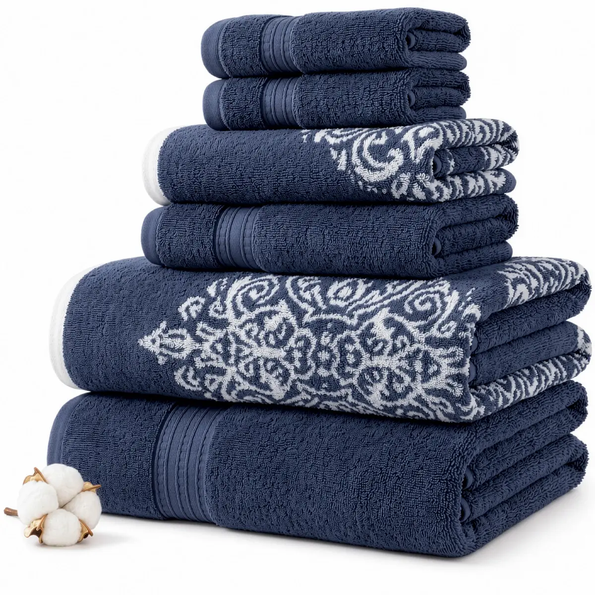 Modern Threads 6-Piece Cotton Damask Towel Set, Navy | Ultra-Absorbent, Soft & Durable - main product image