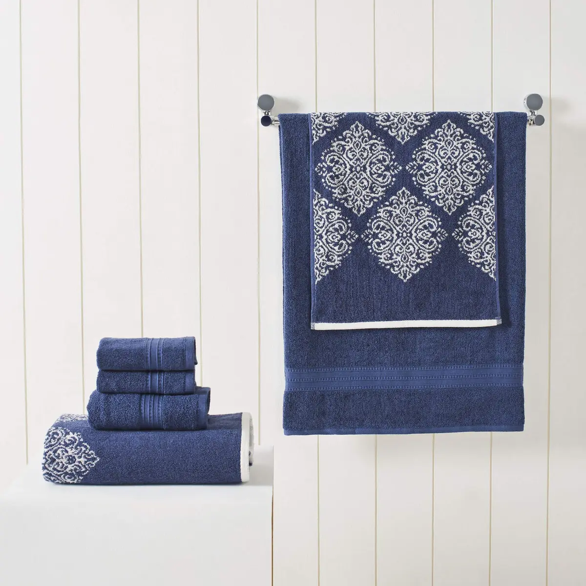 Modern Threads 6-Piece Cotton Damask Towel Set, Navy | Ultra-Absorbent, Soft & Durable - view 2