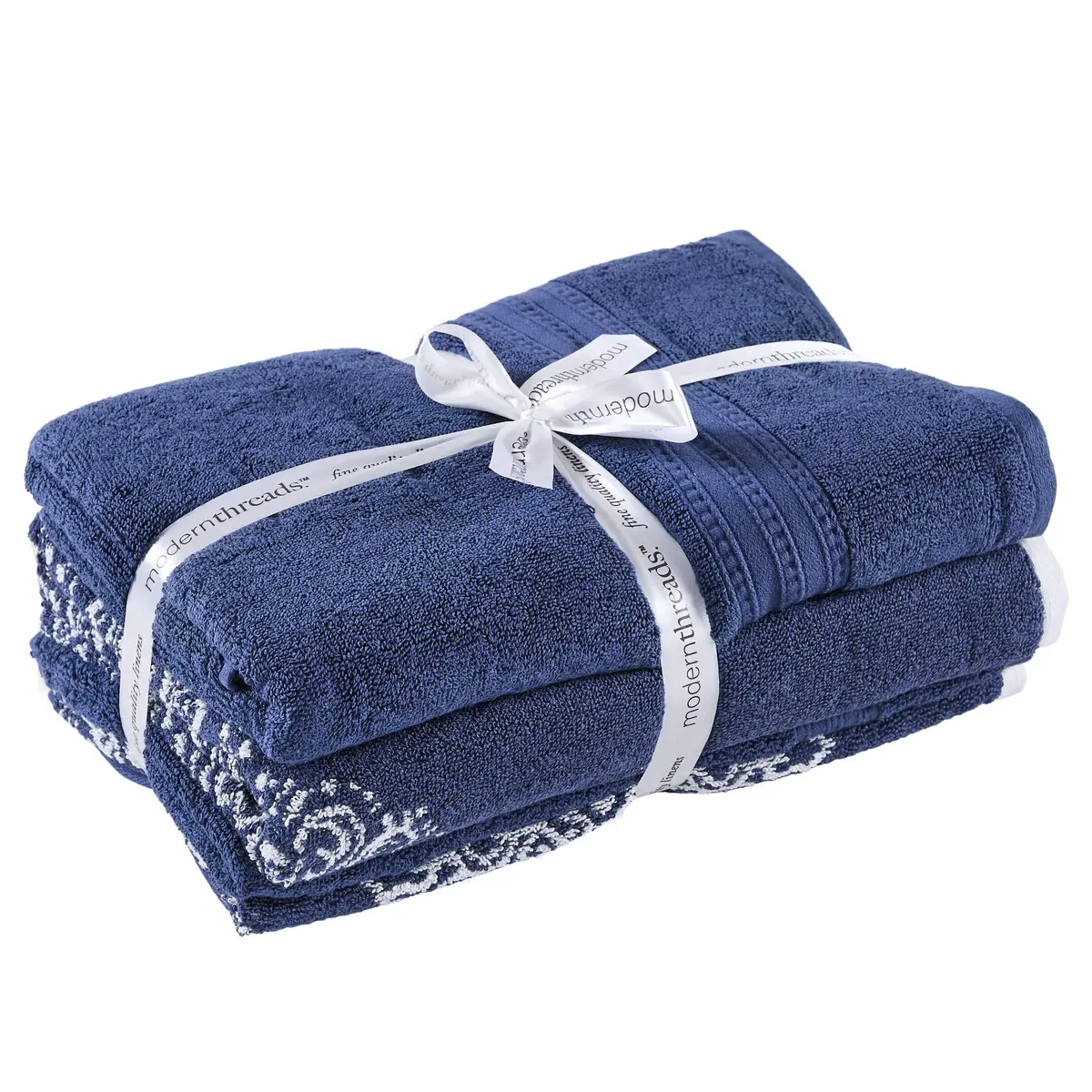 Modern Threads 6-Piece Cotton Damask Towel Set, Navy | Ultra-Absorbent, Soft & Durable - view 3