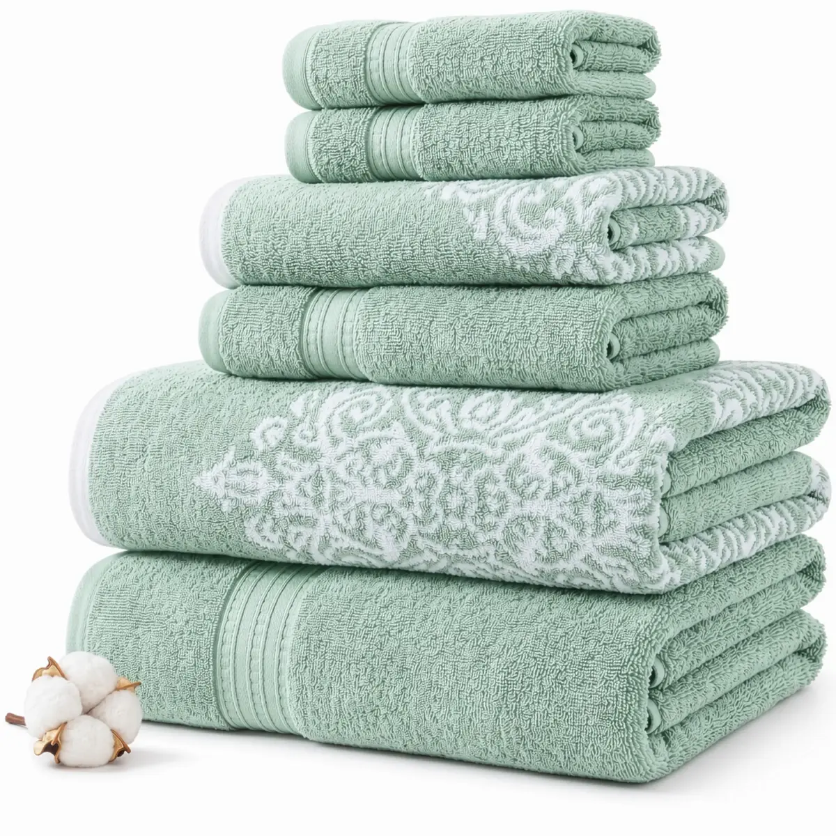 Modern Threads 6-Piece 100% Cotton Damask Medallion Towel Set, Sage | Highly Absorbent, Soft & Plush, Quick-Drying, 550 GSM, Color-Rich Yarn-Dyed Design - main product image