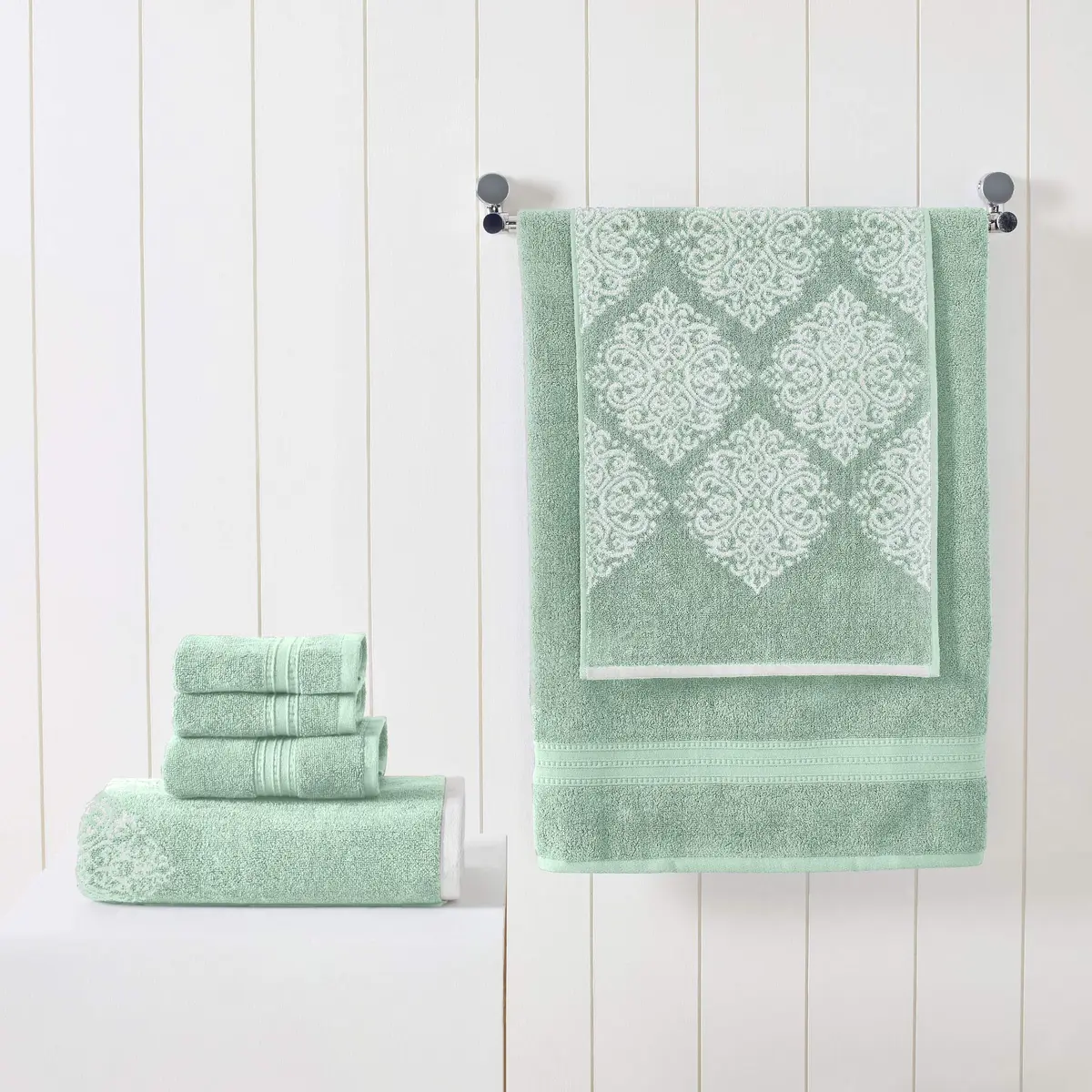 Modern Threads 6-Piece 100% Cotton Damask Medallion Towel Set, Sage | Highly Absorbent, Soft & Plush, Quick-Drying, 550 GSM, Color-Rich Yarn-Dyed Design - view 2