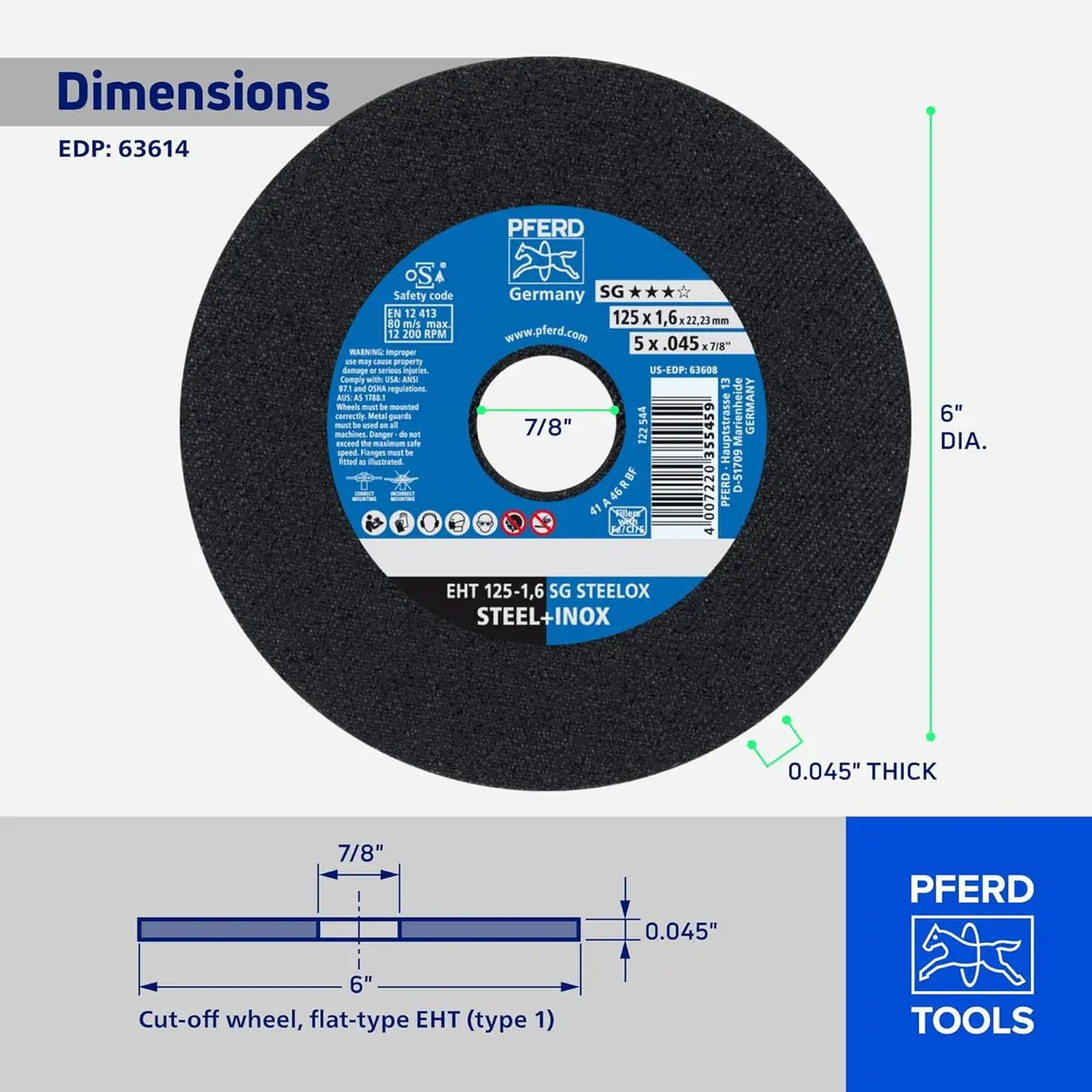 PFERD SG STEELOX Cut-Off Wheel - Type 1, 6" Diameter, 0.045" Thick, 7/8" Arbor, Aluminum Oxide, 10200 RPM | High-Performance Metal Cutter - view 5