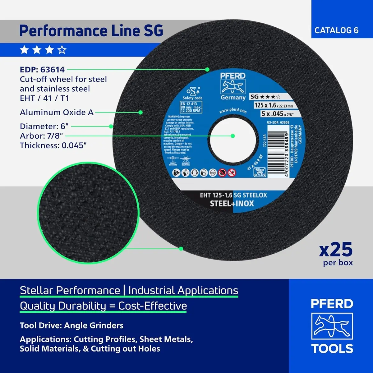 PFERD SG STEELOX Cut-Off Wheel - Type 1, 6" Diameter, 0.045" Thick, 7/8" Arbor, Aluminum Oxide, 10200 RPM | High-Performance Metal Cutter - view 4