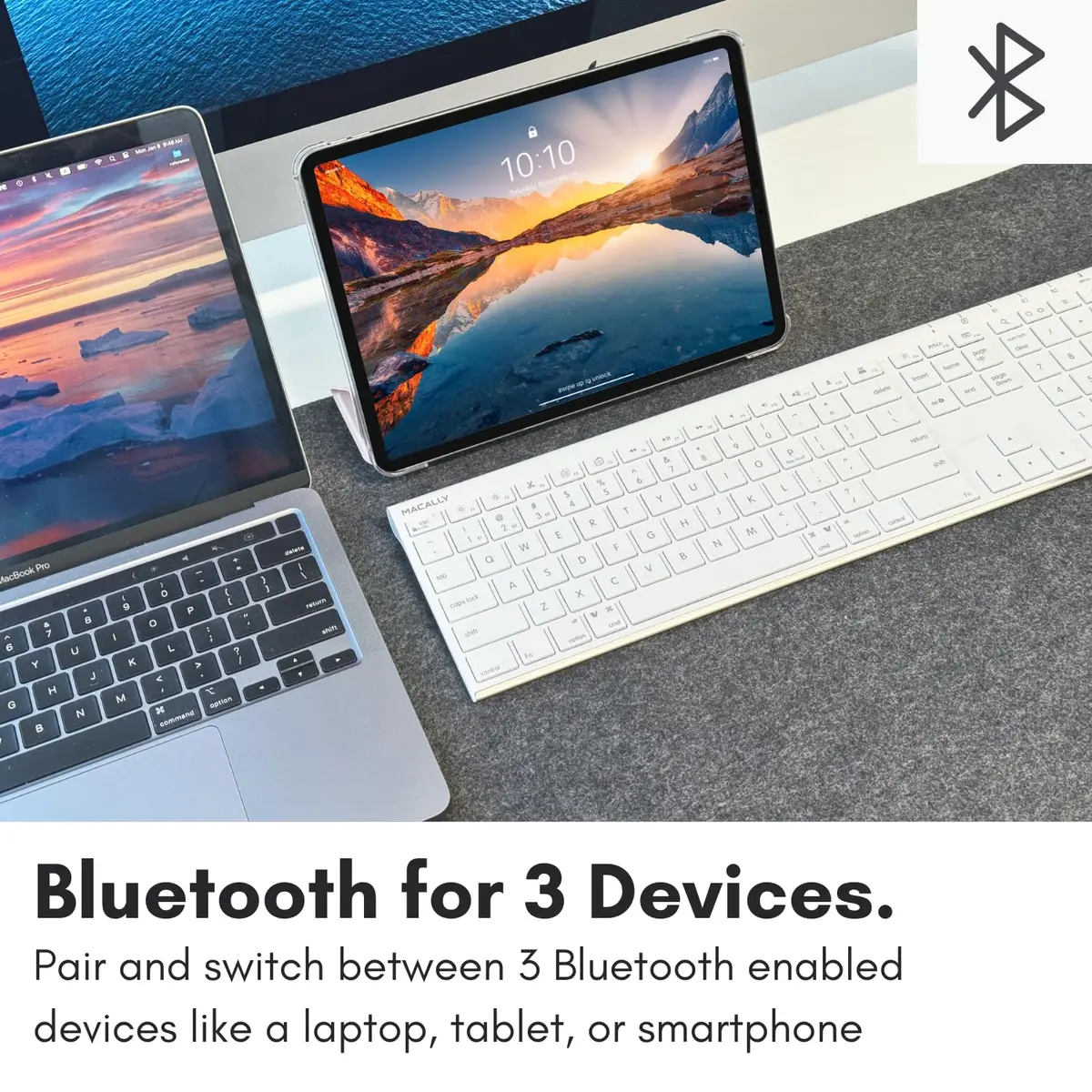 Macally ACEBTKEY Multi-Device Bluetooth Keyboard with Numeric Keypad - 110 Keys, 20 Shortcuts, Rechargeable, White - view 3