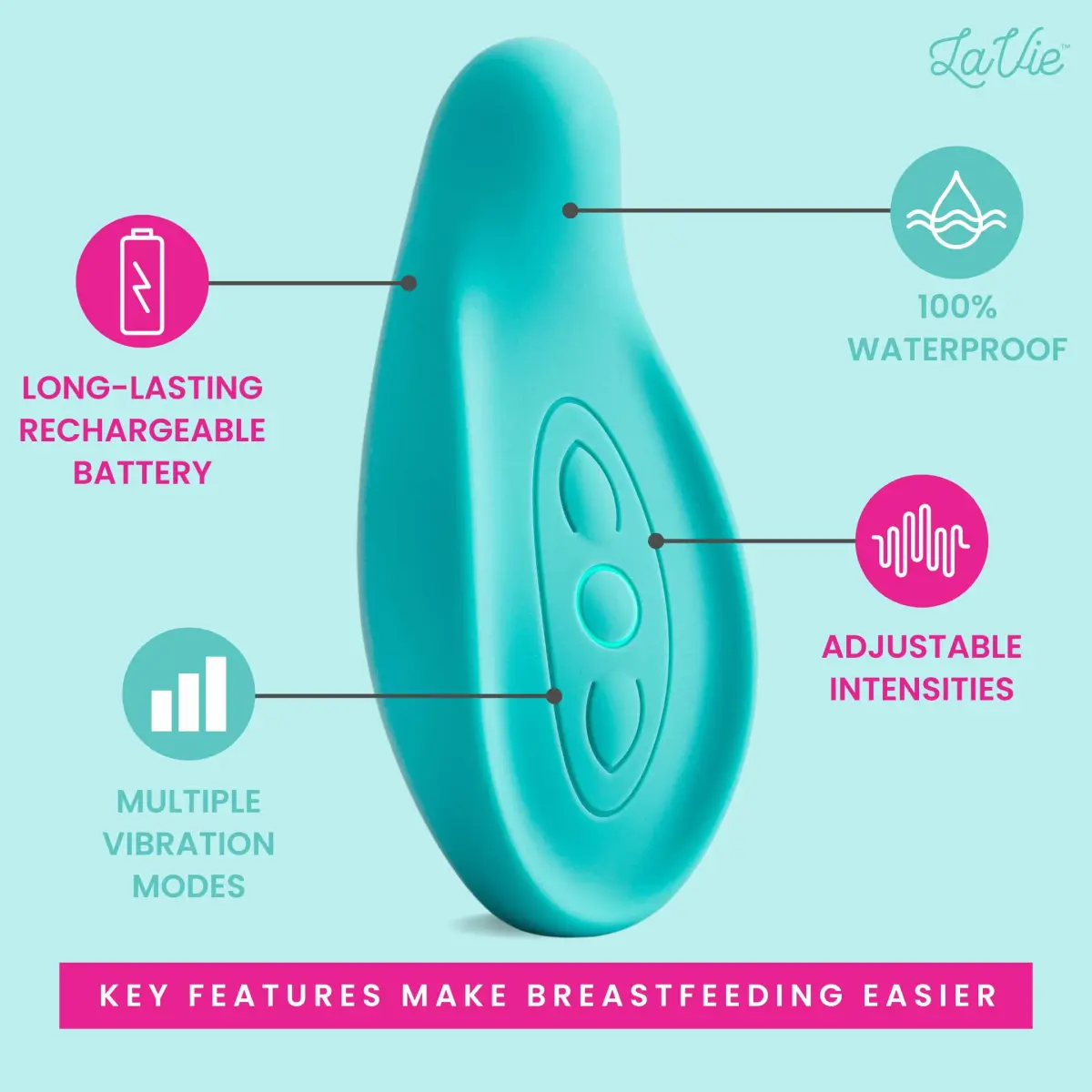 LaVie Lactation Massager Teal | 3 Vibration Modes, Medical-Grade Silicone, Rechargeable Battery - view 3