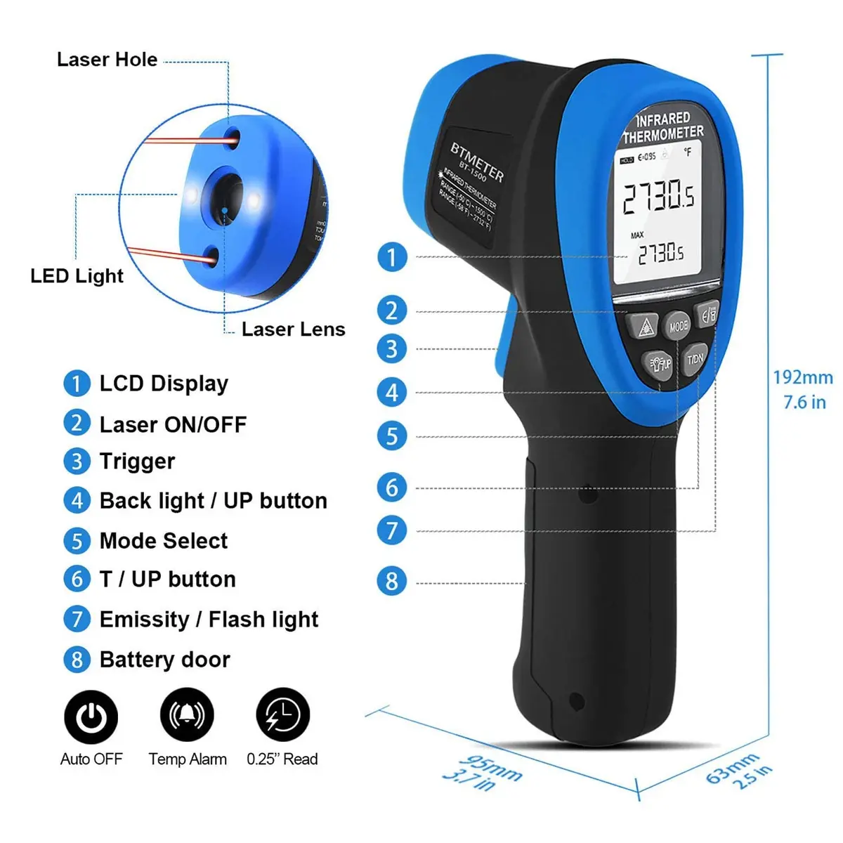 BTMETER BT-1500 High Temp Infrared Thermometer Gun -58°F to 2732°F | Non-Contact Laser Temp - view 6