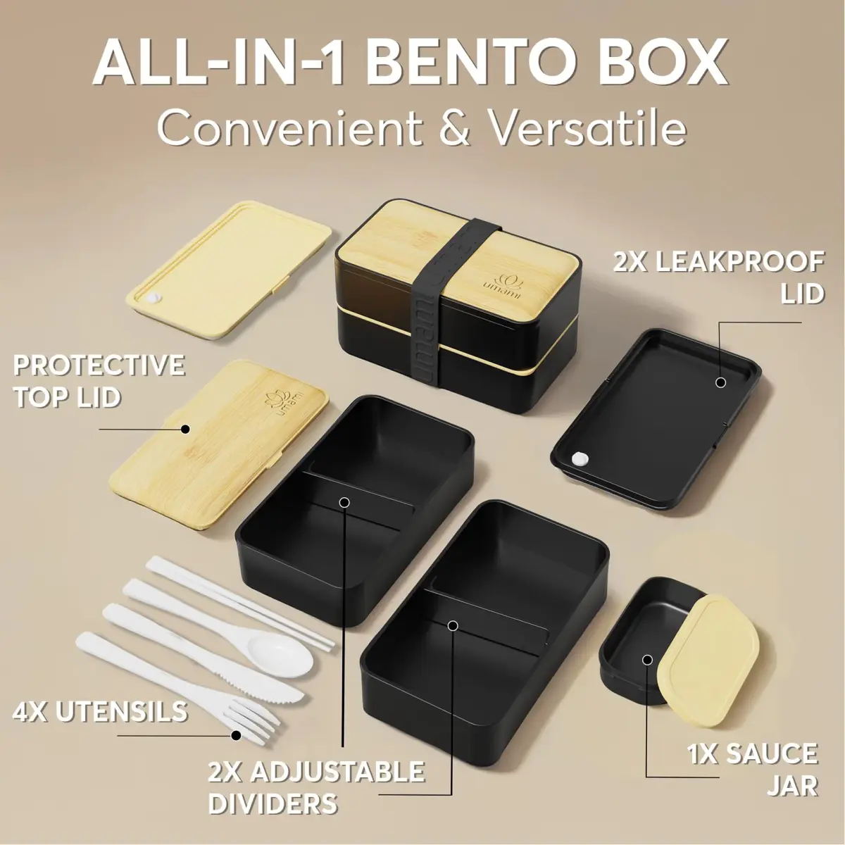 Umami Bento Box Adult All-In-1 Meal Holder 1200ml (40 oz) | Leakproof Lunch Container with Utensils & Sauce Jar - view 3
