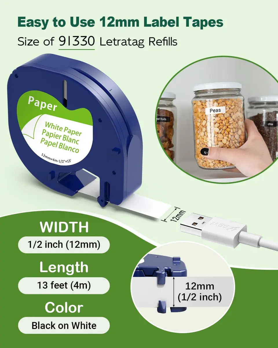 AONOMI White Label Tape 12mm x 4m | Compatible with DYMO LetraTag LT-100H & LT-100T - view 2