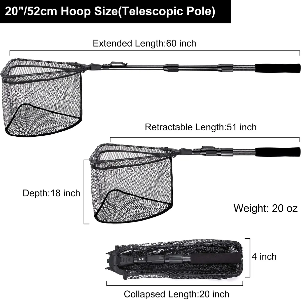 PLUSINNO 20"/52 cm Hoop Size 1.5M Telescopic Fishing Net | Catch and Release Landing Net with Belt Clip - view 2