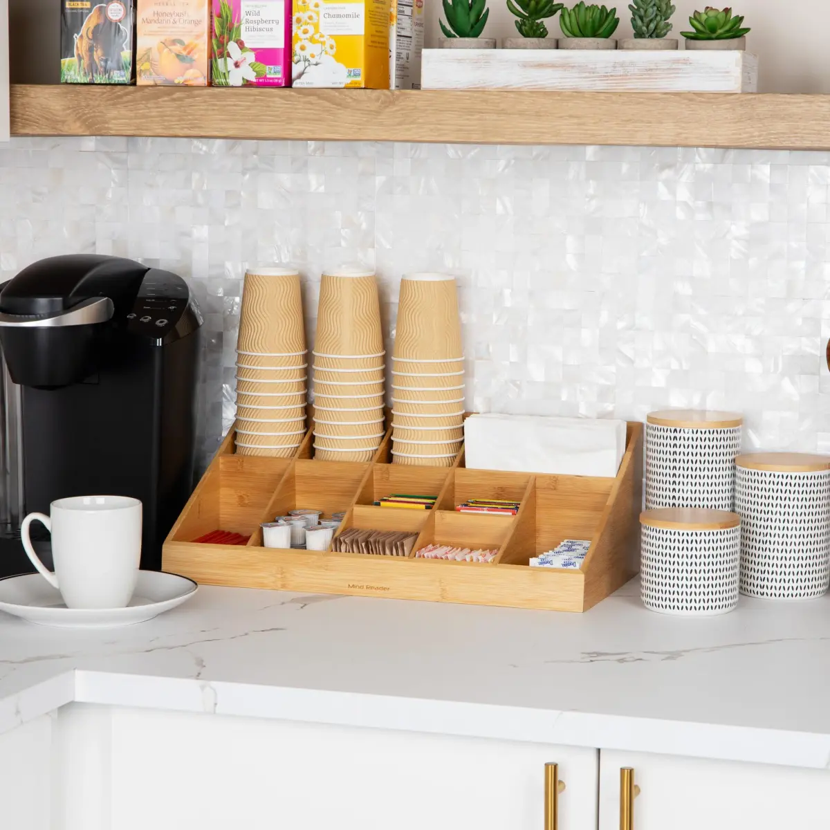 Mind Reader 11-Compartment Condiment Station | 45.72cm (18") Brown Bamboo Coffee Bar Organizer - view 2
