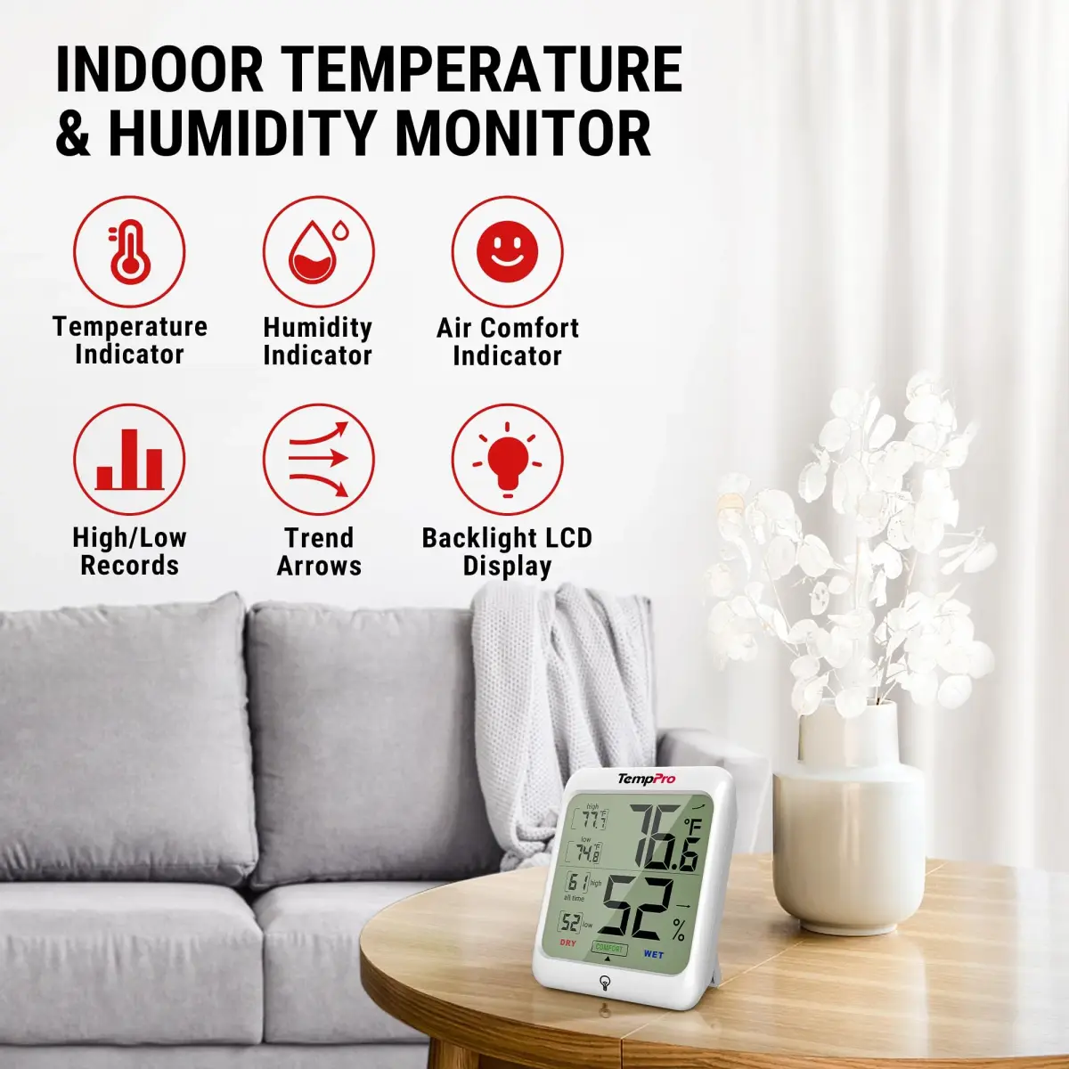 TempPro TP53 Digital Hygrometer & Thermometer 90g (3.2oz) | Accurate Indoor Humidity Monitor with Backlit Display - view 2