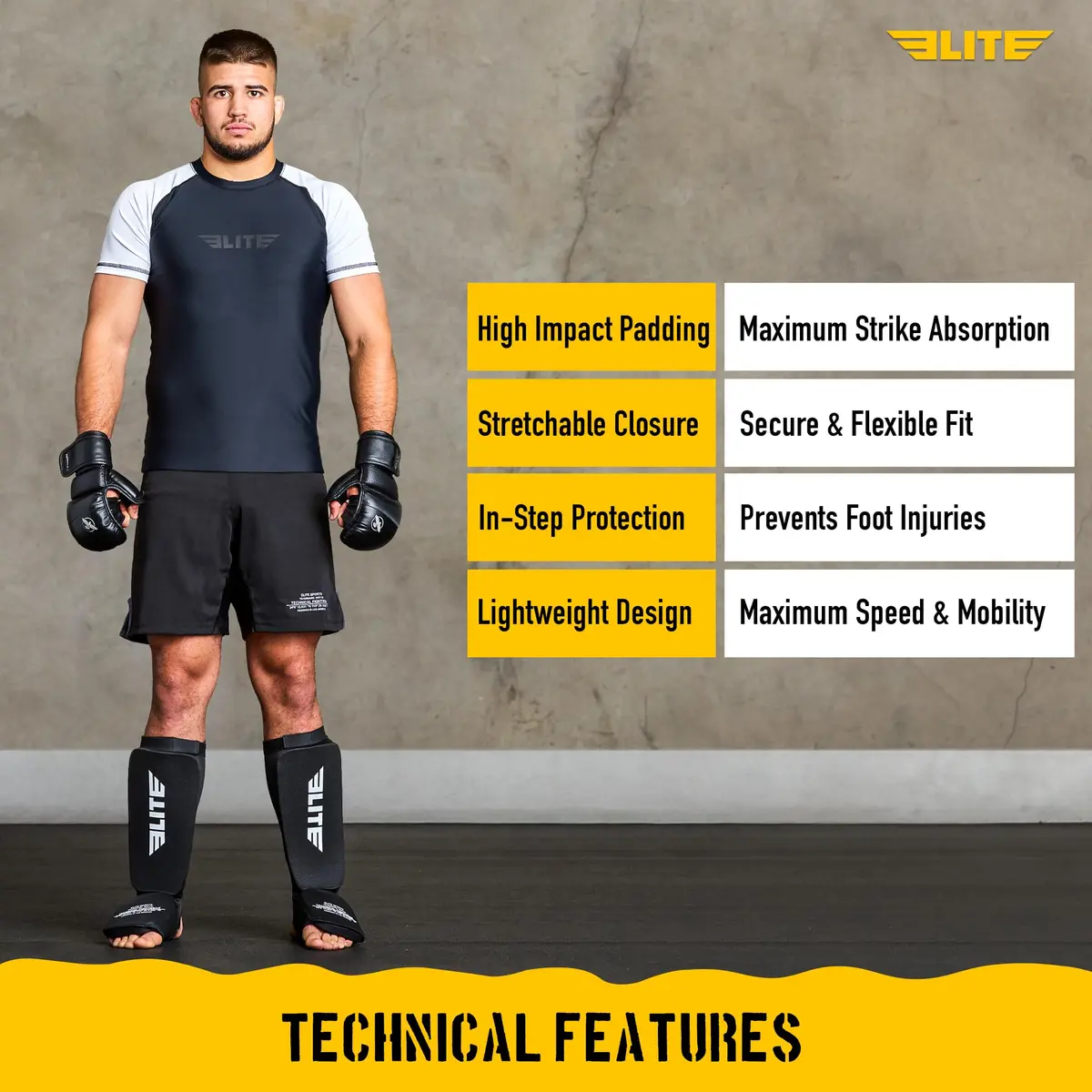 Elite Sports MMA Shin Pads with Instep Guard for Muay Thai & Kickboxing Training, Adult/Youth S/M Black/White - view 6